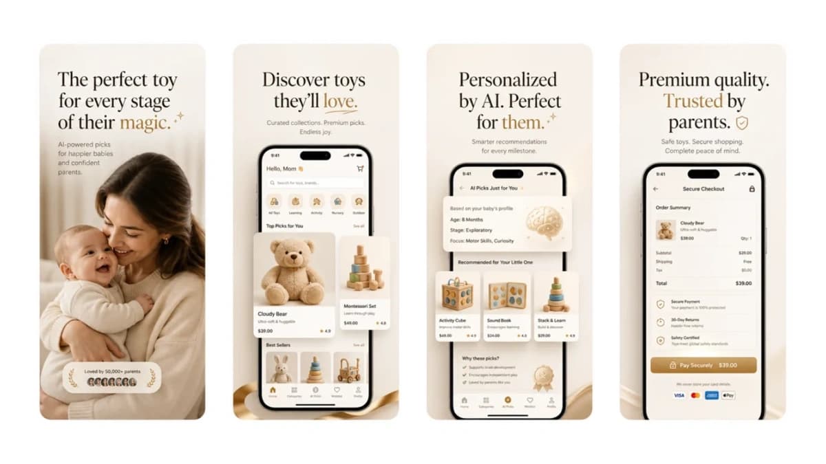 Baby toys e-commerce app screenshots