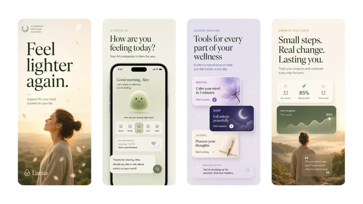 Lumia emotional wellness app screenshots