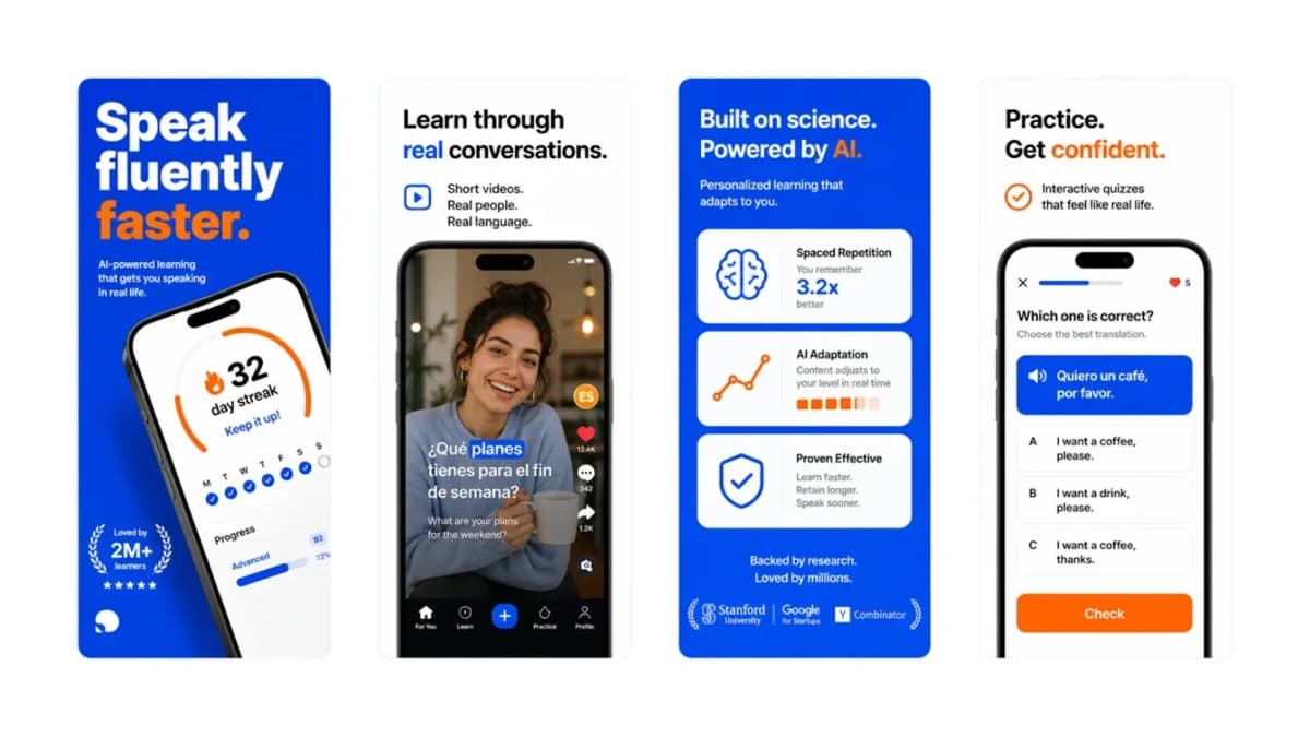 Language learning app screenshots
