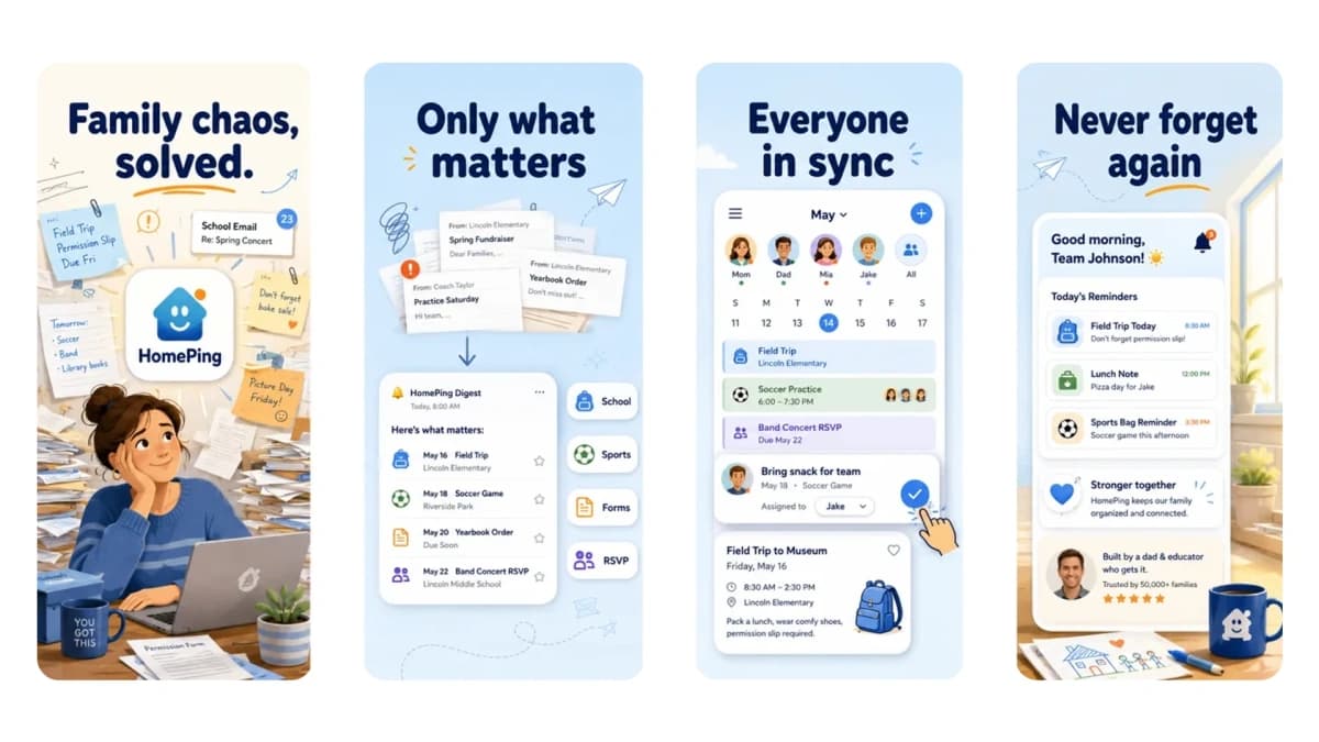 HomePing App Store screenshots generated by StoreSnap AI — 4-panel family organizer marketing set
